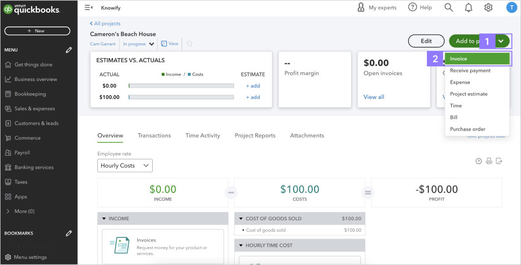 Screenshot showing how to assign income | Job costing in QuickBooks Online | Knowify