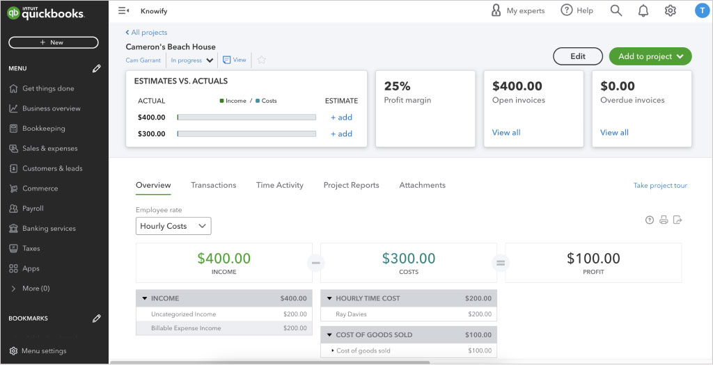 Screenshot showing how to view profit | Job costing in QuickBooks Online | Knowify