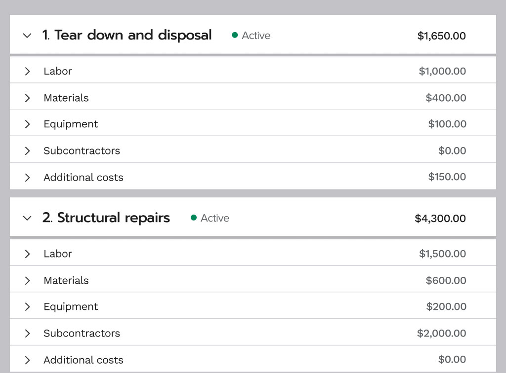Budget with two phases broken down into different cost categories | Mastering construction job costing | Knowify
