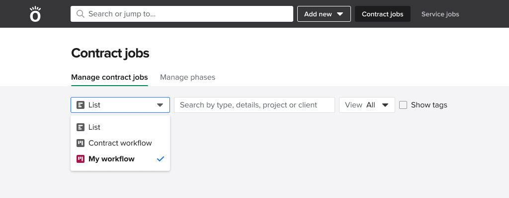 Screenshot displaying how to toggle between views in manage contract jobs | May release | Knowify