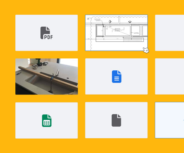 Grid with file format icons and pictures of a construction job and floor plan | Contract management | Knowify