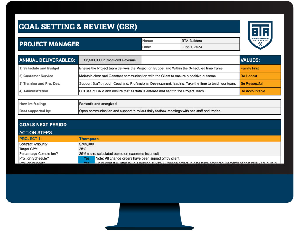 Visual with a goal setting and review template in a desktop screen | 5 signs your team has an accountability problem | Knowify