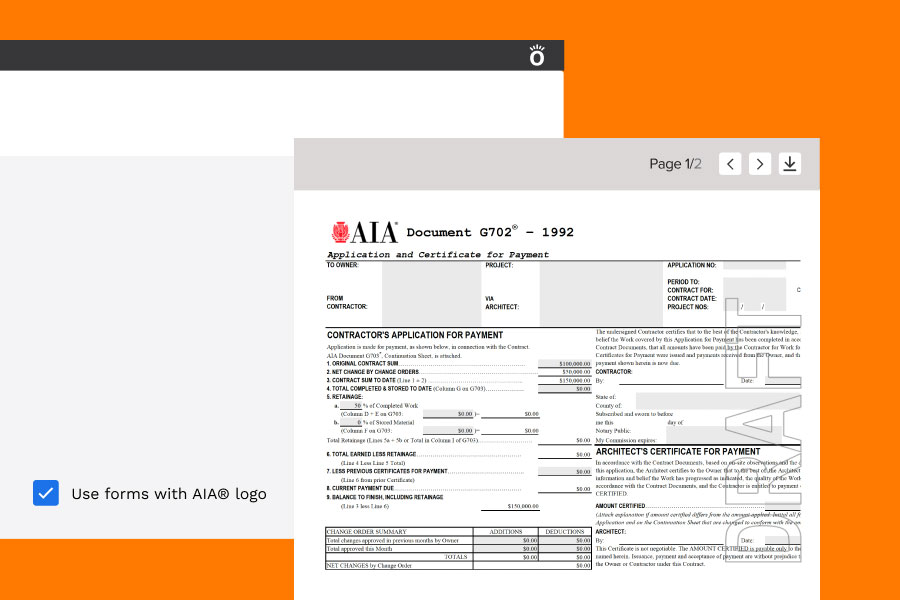 Abstraction of Knowify where the user can select forms with the AIA logo | AIA Contract Documents | Knowify integration