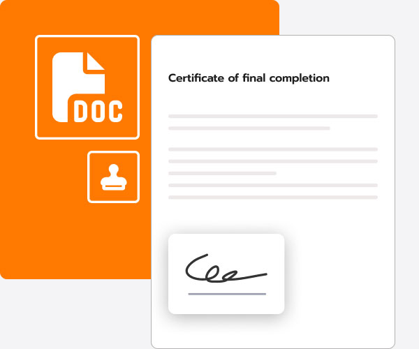 Abstraction of certificate of final completion using iconography of a doc file and a stamp | Tools | Knowify