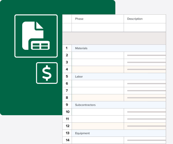 Abstraction of a spreadsheet to create a construction budget using iconography of a spreadsheet file and a dollar sign | Tools | Knowify