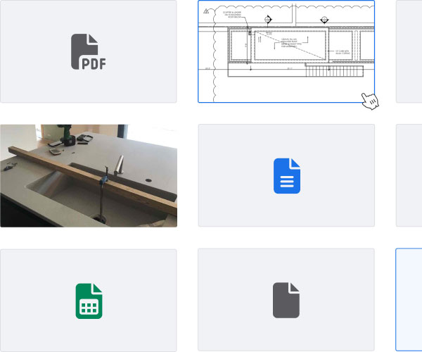 Grid with file format icons and pictures of a construction job and floor plan | Electrical industry | Knowify