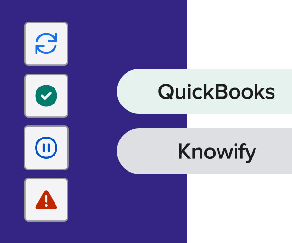 Abstraction of two pills for Knowify and QuickBooks and different sync status between the two: syncing, synced, paused, error | Knowify + QuickBooks bunle