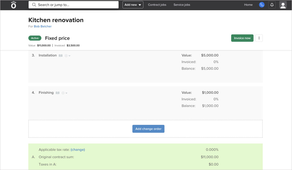 Screenshot of the contract view in Knowify where you see line items, the ability add change orders and invoice the customer | Invoicing and payments | Knowify features