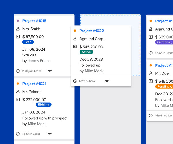 View of our custom workflow board where users can manage the status of their jobs | Project management | Knowify features