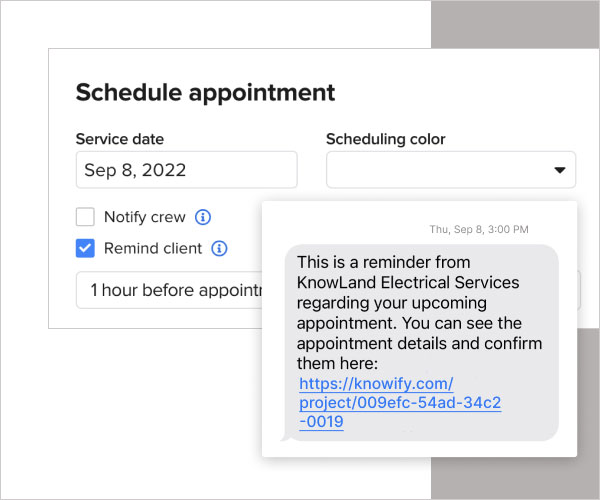 Text message reminding customer of a service appointment | Service work | Knowify features