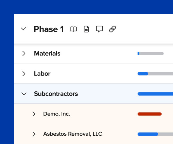 View of our Plan & Tack section where users can track subcontractors costs | Subcontractor management | Knowify features