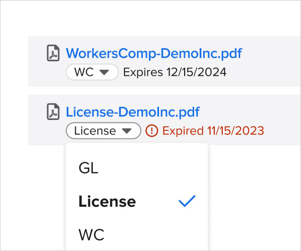 Subcontractor documents (license, workers' comp) and expiration dates | Subcontractor management | Knowify features