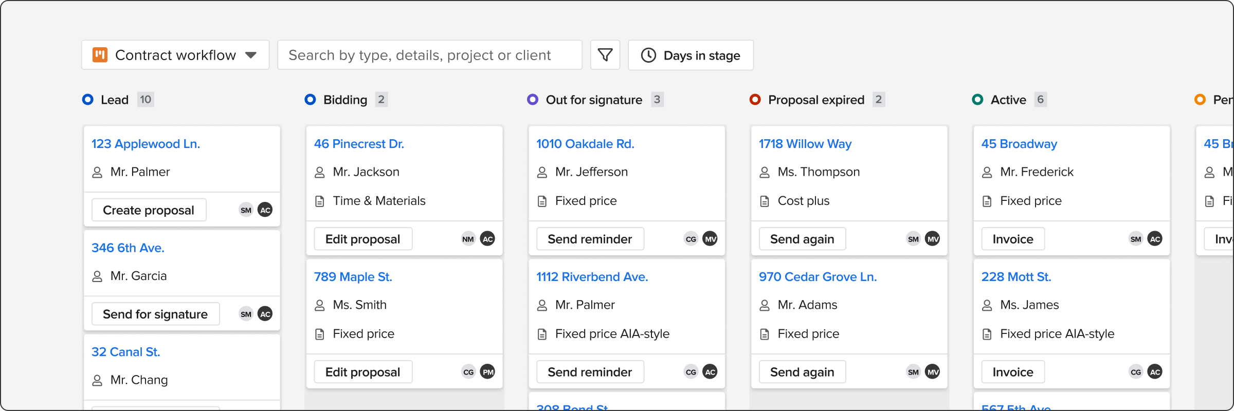 Project workflow view with the following states: Lead, Bidding, Out for signature, Proposal expired, Active, Pending change | Electrical contractor | Knowfy