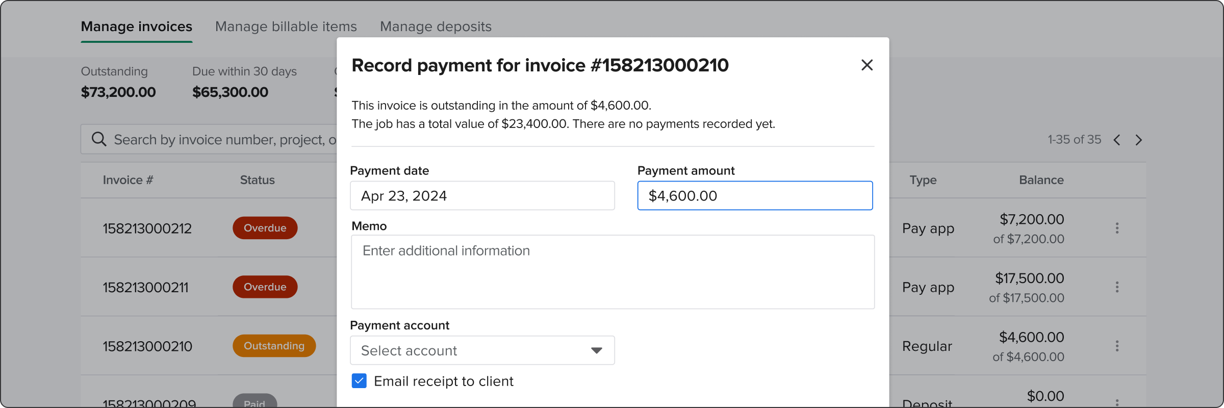 Product view displaying how to record payment for an outstanding invoice | Trade contractor | Knowify