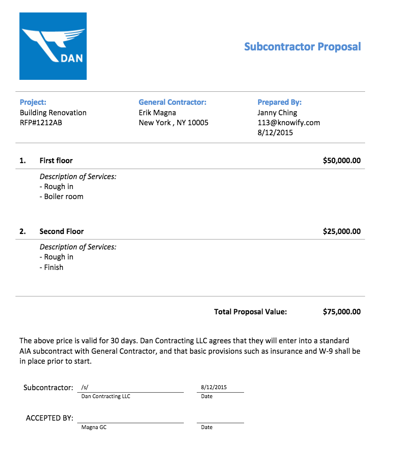 Subcontractor proposal for a GC job