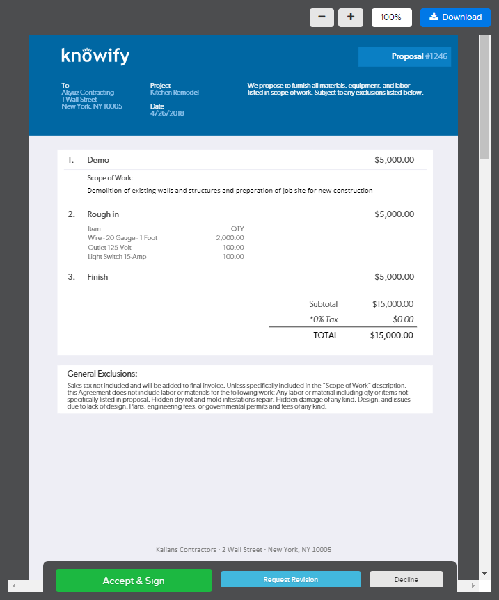 Screenshot from the Knowify app displaying a customized proposal ready for e-signature