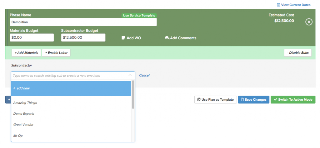 Select subcontractor from list of vendors in the Plan & Track section | Knowify