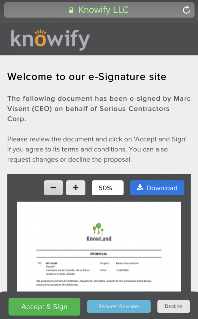Screenshot of our new e-signature portal | Online approval | Knowify