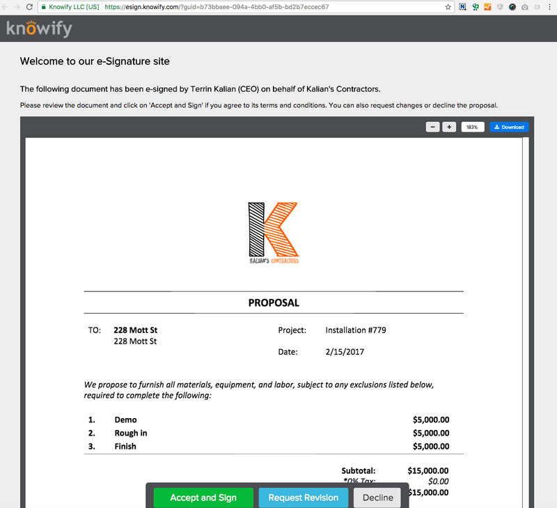 Screenshot of our e-signature portal to accept, review, or decline the proposal | E-signature | Knowify
