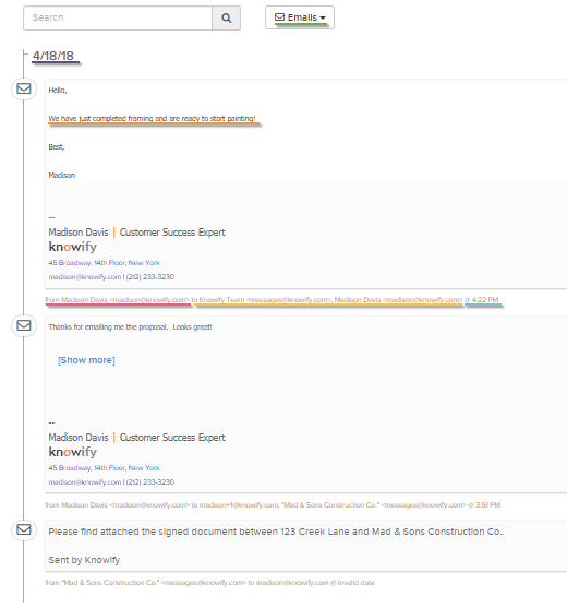 Example of email entries in the job log | Contract job | Knowify