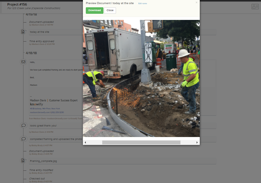 Preview of a job progress picture from the job log | Contract job | Knowify