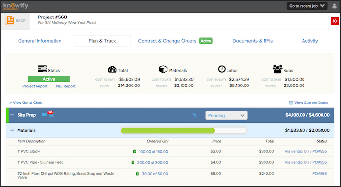 Screenshot from the Knowify web app displaying a project plan with tracking information.